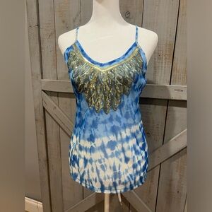 Sheer Gold Sequined Tie Dye Tank Size Small